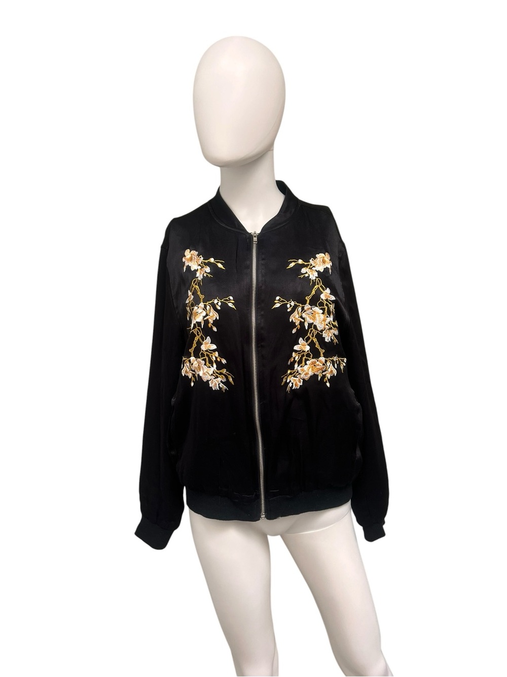 Harlowe & Graham Satin Black Bomber Jacket with Gold Floral Embroidery. Size M